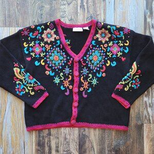 Vintage GANTOS Embroidered Beaded Cardigan Button Multicolor Ramie Blend